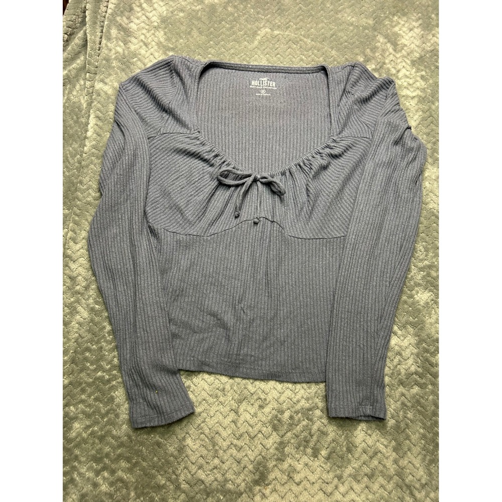 Hollister Must-Have Collection Long Sleeve Ribbed Tie Front Top Blue Gray Medium